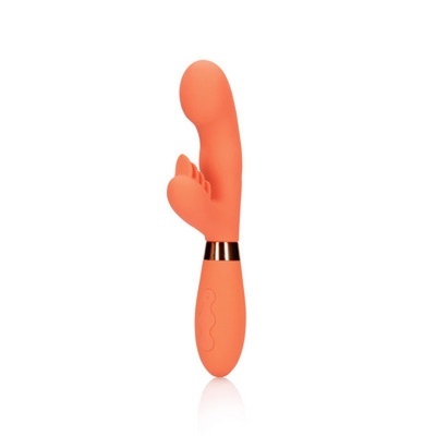 Vibrador de silicone cor de coral com dupla estimulação e base dourada