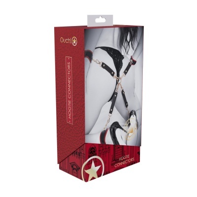 Embalagem vermelha do produto HOGTIE CONNECTORS com imagem de modelo usando acessórios pretos e dourados.