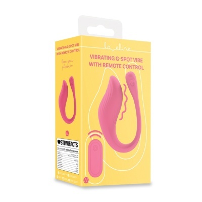 Embalagem amarela com vibrador G-spot rosa com controlo remoto e informações do produto