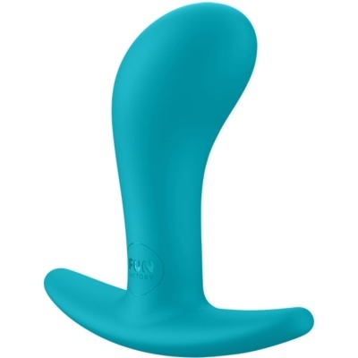 Produto azul curvado de silicone com base larga e marca Fun Factory