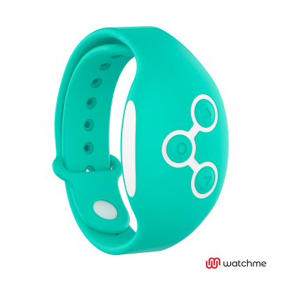 Pulseira azul turquesa de silicone com botões brancos e logótipo watchme