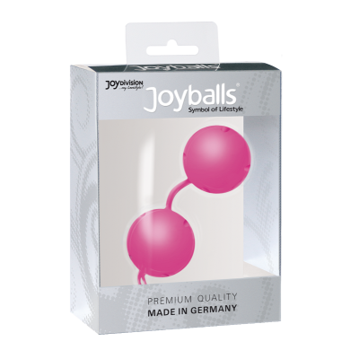 Embalagem com bolas rosas ligadas e texto Joyballs.