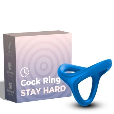 Anel azul de silicone com caixa rosa e roxa com texto Cock Ring STAY HARD.