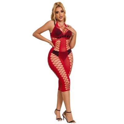 Vestido midi vermelho transparente com padrão em malha larga e alças pretas