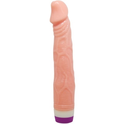 Vibrador cor de pele com base roxa e branca e textura detalhada.