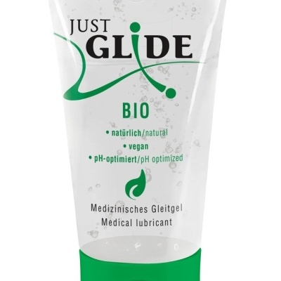 Frasco transparente de lubrificante médico Just Glide BIO com tampa verde