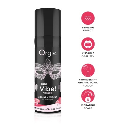 Frasco preto de gel íntimo vibrador com design de máscara e texto da marca Orgie