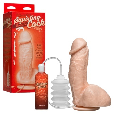 Brinquedo sexual realista em forma de pénis com bomba e líquido em embalagem vermelha