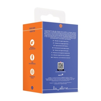Embalagem azul e laranja de vibrador ergonómico com texto em várias línguas e ícones indicando recarregável USB e resistência à água
