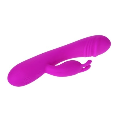 Vibrador rosa em silicone com duas zonas de estimulação e botões de controle