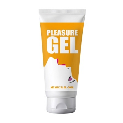 Tubo de plástico branco e laranja com texto PLEASURE GEL e rosto estilizado, capacidade de 50 ml.