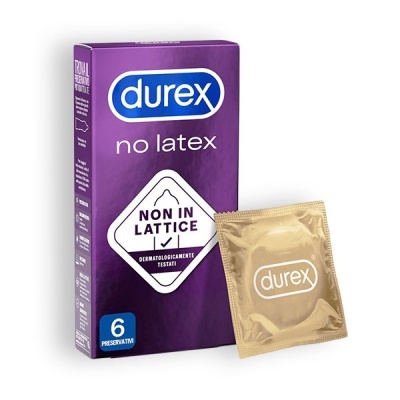 Embalagem roxa de preservativos Durex no latex e um preservativo embalado