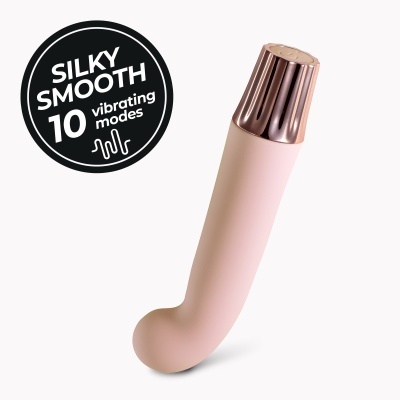 Vibrador em silicone com botão metálico e texto informativo