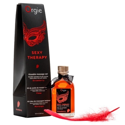 Conjunto de massageador com óleo Orgie Sexy Therapy aroma morango com pena vermelha