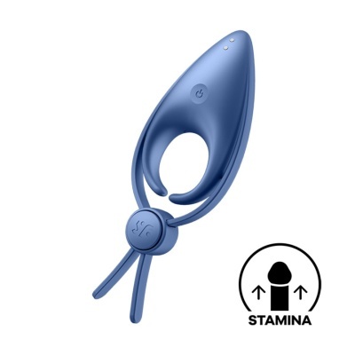 Dispositivo azul com anel circular e botão de ligar, textura lisa, símbolo preto e branco com a palavra STAMINA