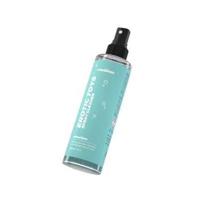 Frasco de spray transparente com tampa preta e rótulo azul claro com texto branco