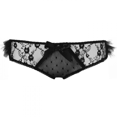 Cueca feminina preta rendada com laço preto e tule nas laterais