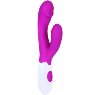 Vibrador rosa com base branca e botão roxo.