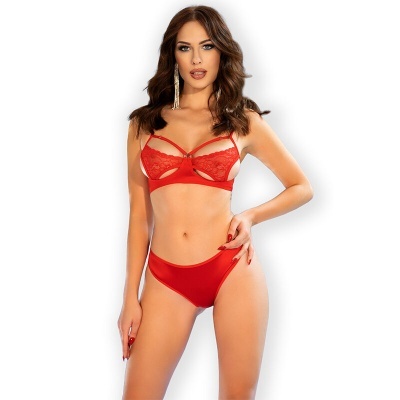 Conjunto de lingerie feminino vermelho com renda e tiras finas