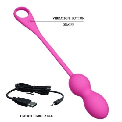 Produto cor-de-rosa com duas bolas e botão de vibração, cabo USB recarregável