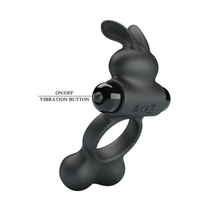 Anel vibratório preto com botão de vibração e formato de coelho