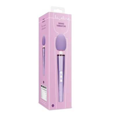 Embalagem rosa com vibrador tipo varinha lilás