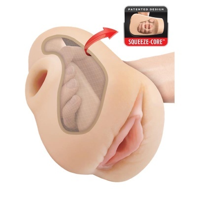 Produto em silicone cor de pele com interior em 3D e etiqueta com texto PATENTED DESIGN SQUEEZE-CORE™