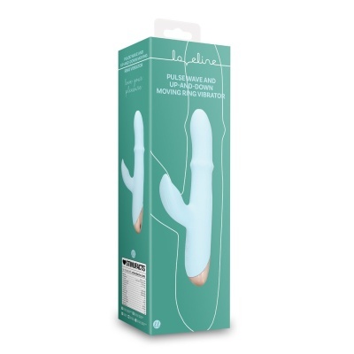 Embalagem de vibrador de anel móvel azul claro com detalhes dourados