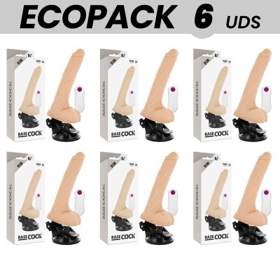 Seis dildos com suporte de ventosa e controle, embalagens BASE COCK.