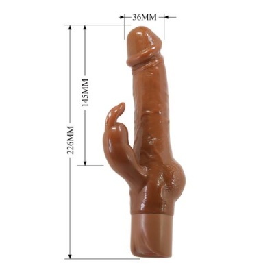 Vibrador castanho com estimulador em forma de coelho e medidas em milímetros