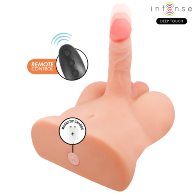 Produto anatómico cor pele com comando remoto preto e indicação de carregamento magnético em fundo branco