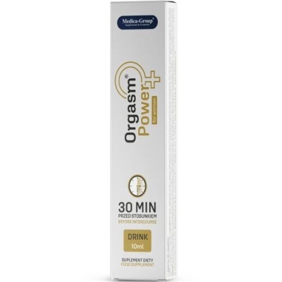 Embalagem branca do suplemento Orgasm Power+ para mulheres, texto preto e dourado, 30 min antes da relação, 10ml