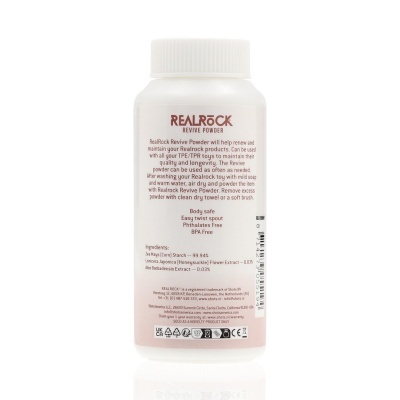 Frasco branco de pó Revive REALROCK com texto e ingredientes no rótulo