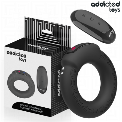 Anel cockring preto com padrão entrelaçado, comando remoto preto e embalagem