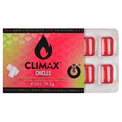 Embalagem de gomas de mascar vermelhas Climax com texto em espanhol e cartela prateada com gomas