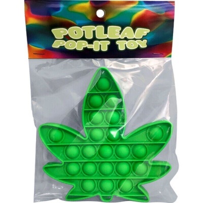 Brinquedo Pop-it verde em forma de folha em embalagem transparente