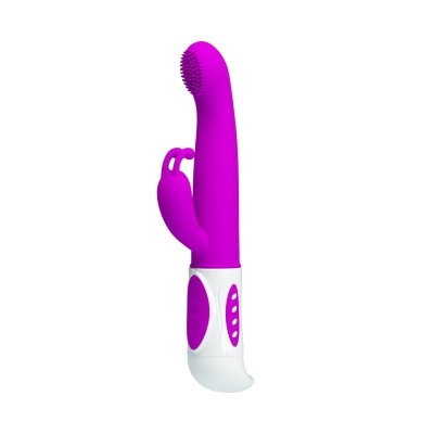 vibrador roxo de silicone com base branca e acessório lateral