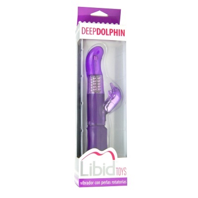Vibrador roxo com pérolas rotatórias na embalagem transparente
