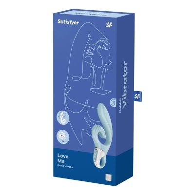 Embalagem azul de vibrador tipo coelho com design de linha de rosto feminino