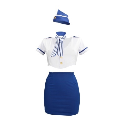 Fato de aeromoça azul e branco com saia, camisa curta, gravata e chapéu