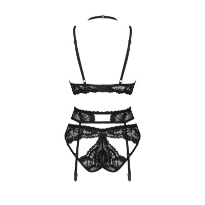 Conjunto de lingerie preto em renda com cinta-liga e tiras ajustáveis