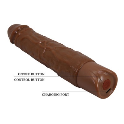 Vibrador castanho realista com botões e porta de carregamento