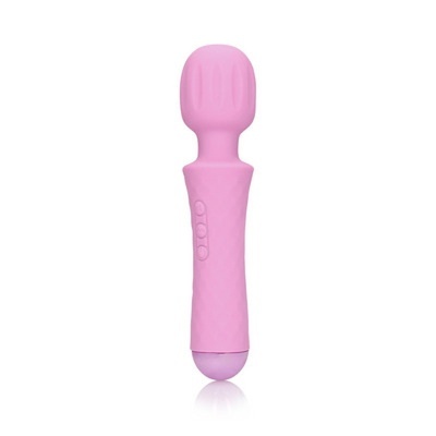 Vibrador massageador rosa em silicone com três botões no cabo e cabeça arredondada.