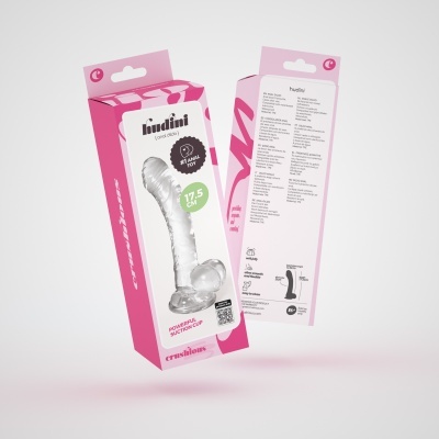 Embalagem rosa e branca com dildo anal transparente de 17,5 cm e texto hudini, #1 ANAL TOY, instruções atrás em várias línguas.