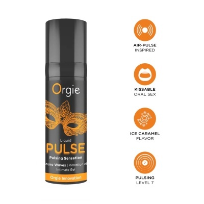 Frasco preto de gel íntimo Orgie Pulse com design de máscara laranja e texto informativo