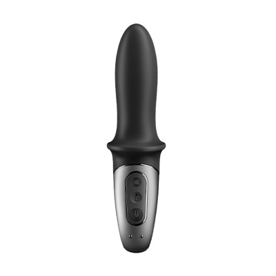 Vibrador preto com cabo prateado e três botões sobre fundo branco
