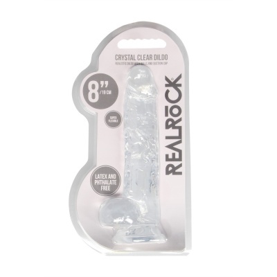 Dildo transparente com ventosa em embalagem branca com texto preto