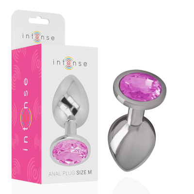 Plugue anal metálico com base entramada rosa e embalagem Intense