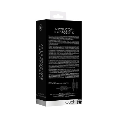 Caixa preta do kit de bondage introdutório com texto multilíngue e logótipo Ouch!