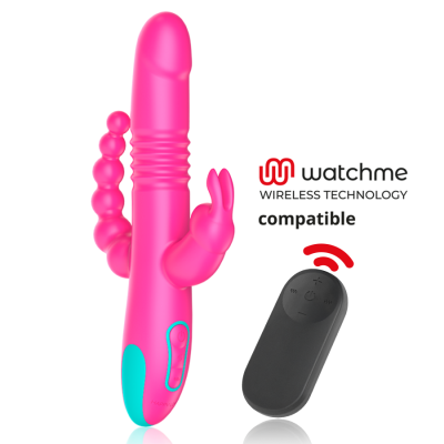 Vibrador rosa com comando remoto preto e texto de tecnologia wireless